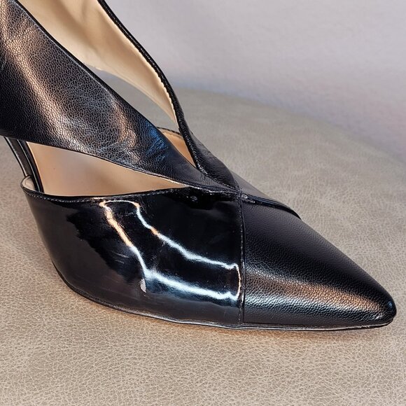 Nine West Black Leather Patent Cross Strap Pumps 12M Rare Elegant Stiletto Heels - Picture 9 of 10